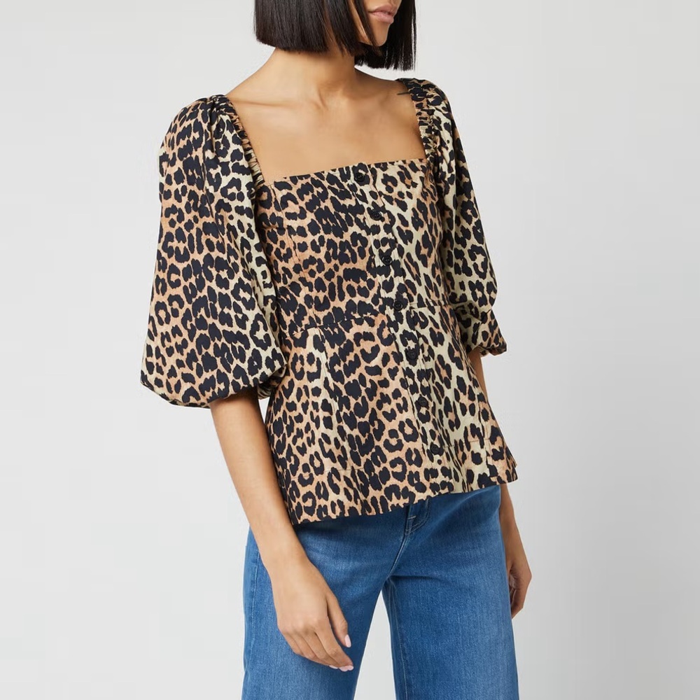 GANNI Leopard Print Puff Sleeve Top
